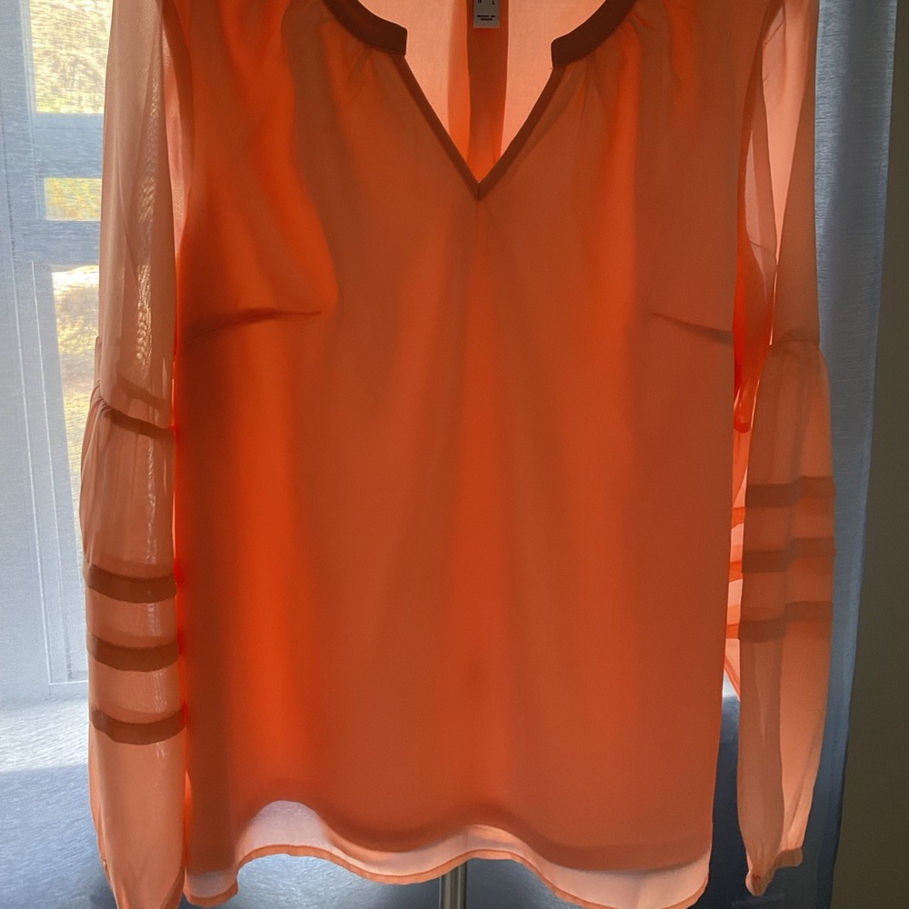 Denim&Co Coral Sheer V-Neck Blouse with Stripe Sleeves